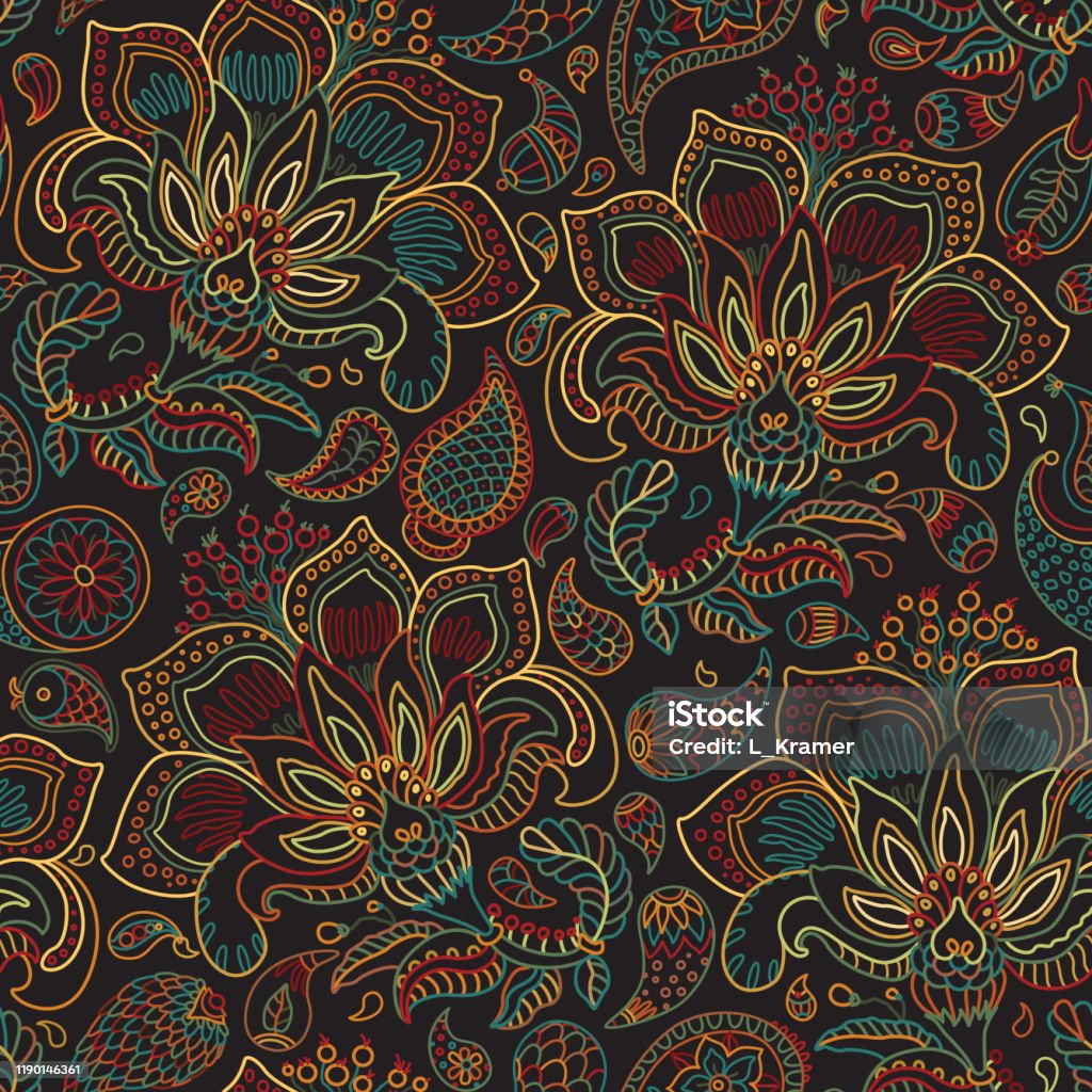 Vector Seamless Pattern From Hand Drawn Fantasy Paisley And Flower On A  Black Background Floral Indian Contour Print Wallpaper Wrapping Paper  Textile Print Batik Stock Illustration - Download Image Now - iStock