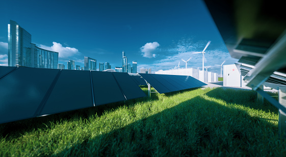 Modern black frameless solar panel farm, battery energy storage and wind turbines on fresh green grass under blue sky - concept of green sustainable energy  system. 3d rendering.