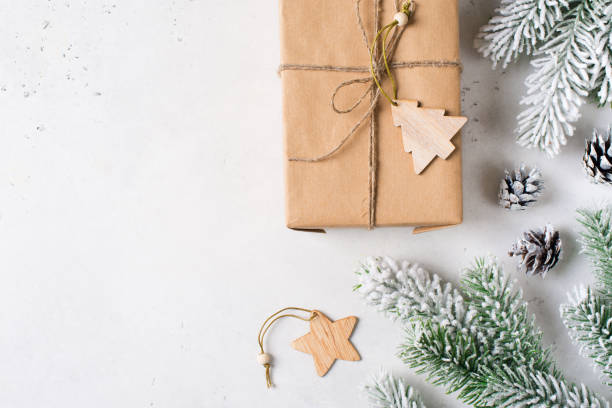 istock Zero west and eco friendly christmas concept flat lay with gift, branches and toy 1190150473