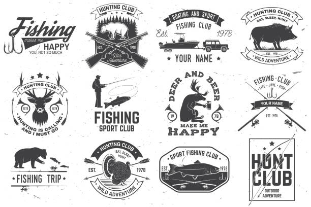 Set of hunting club and fishing club badges. Vector. Concept for shirt, stamp, tee. Design with hunting gun, bear, turkey , deer, camping tent, fish rod, bear. Outdoor adventure club emblem Set of hunting and fishing club badges. Vector illustration Concept for shirt, print, stamp, tee. Vintage typography design with hunting guns and fishing rods silhouette. Outdoor adventure club emblem the boar fish stock illustrations