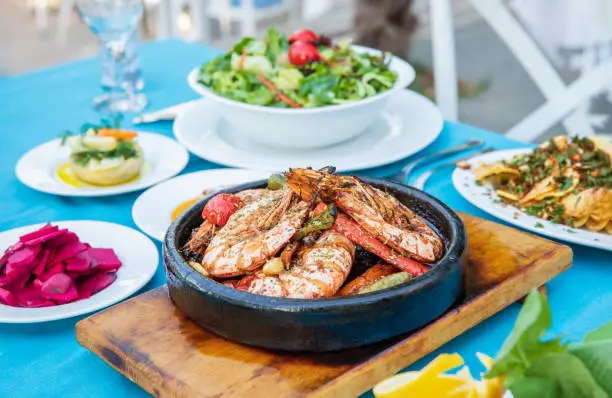 Aegean seaside, Greek or Turkish style fish restaurant in Bodrum, Santorini or Mykonos