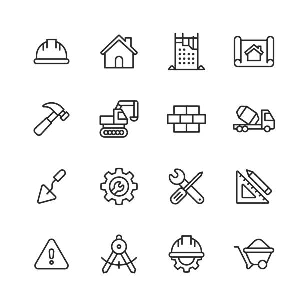 construction line icons. bearbeitbarer strich. pixel perfekt. für mobile und web. enthält symbole wie konstruktion, reparatur, renovierung, blaupause, helm, hammer, ziegel, arbeitswerkzeuge, spachtel. - handwerk stock-grafiken, -clipart, -cartoons und -symbole