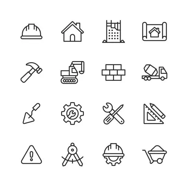 Vector illustration of Construction Line Icons. Editable Stroke. Pixel Perfect. For Mobile and Web. Contains such icons as Construction, Repair, Renovation, Blueprint, Helmet, Hammer, Brick, Work Tools, Spatula.