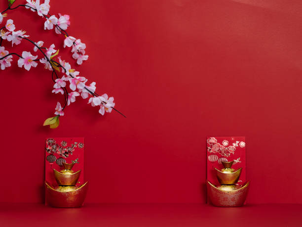 istock Chinese New Year decoration traditional on red background (English translation for foreign text means blessing, luck and wealthy). Space for text 1190156128