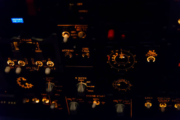Airplane buttons in the cockpit simulator - Stock Photo
