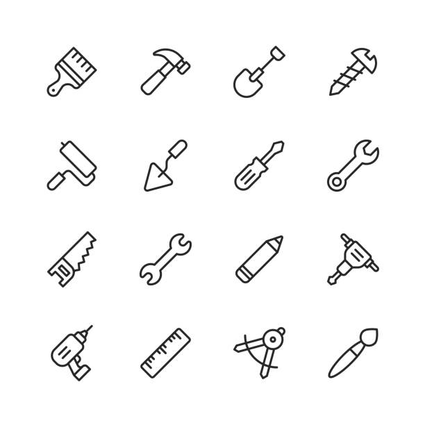 arbeitswerkzeuge liniensymbole. bearbeitbarer strich. pixel perfekt. für mobile und web. enthält symbole wie schraubenschlüssel, säge, arbeitswerkzeuge, schraubendreher, schraube, pinsel, schaufel, kettensäge, lineal, axt, hammer. - handwerk stock-grafiken, -clipart, -cartoons und -symbole