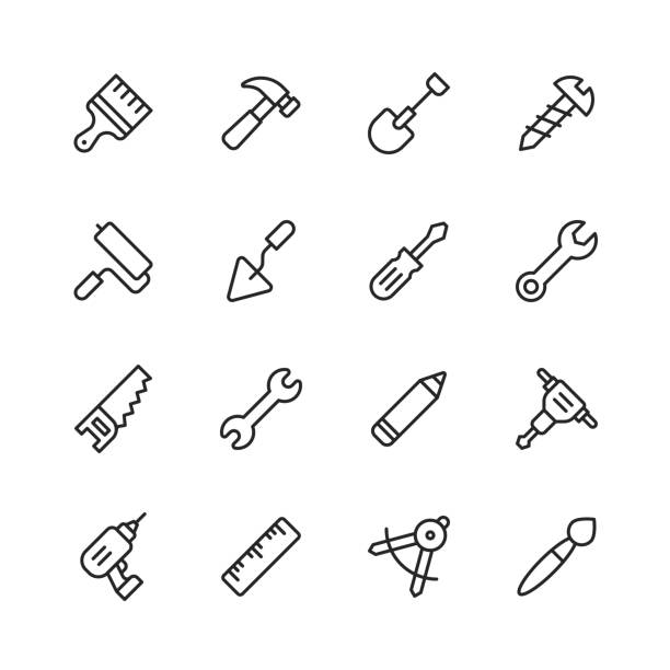 Work Tools Line Icons. Editable Stroke. Pixel Perfect. For Mobile and Web. Contains such icons as Wrench, Saw, Work Tools, Screwdriver, Screw, Paintbrush, Shovel, Chainsaw, Ruler, Axe, Hammer. 16 Work Tools Outline Icons. open end spanner stock illustrations