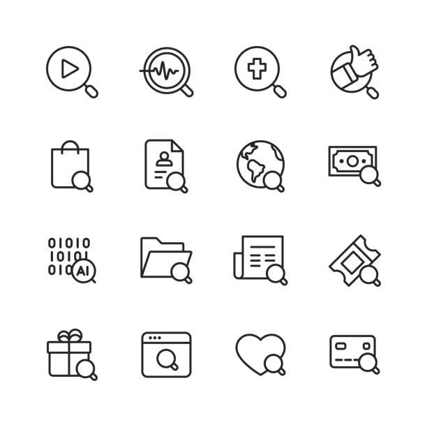 Search Line Icons. Editable Stroke. Pixel Perfect. For Mobile and Web. Contains such icons as Search, SEO, Magnifying Glass, Shopping, Investing, Artificial Intelligence, Gift, Credit Card. 16 Search Outline Icons. details icon stock illustrations