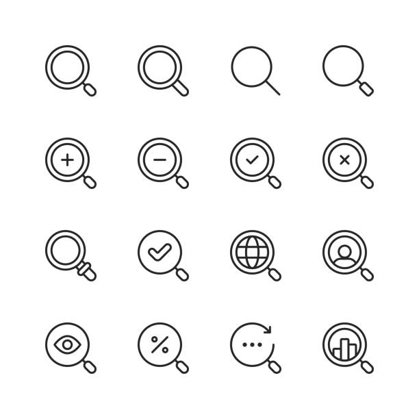 ilustrações de stock, clip art, desenhos animados e ícones de search line icons. editable stroke. pixel perfect. for mobile and web. contains such icons as search, seo, magnifying glass, job hunting, searching, looking, deal hunting. - lupa