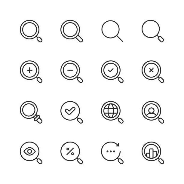 Vector illustration of Search Line Icons. Editable Stroke. Pixel Perfect. For Mobile and Web. Contains such icons as Search, SEO, Magnifying Glass, Job Hunting, Searching, Looking, Deal Hunting.