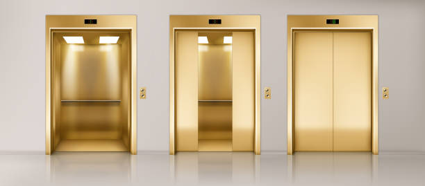 ilustraciones, imágenes clip art, dibujos animados e iconos de stock de pasillo de oficina con ascensores dorados - elevator push button stainless steel floor