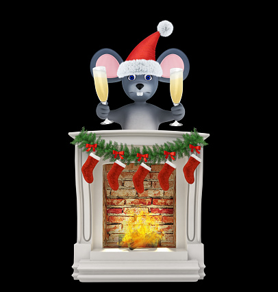 Year of the Rat. Happy New Year 2020. Banner, flyer, postcard. Mouse near the fireplace with champagne isolated on black. 3d rendering