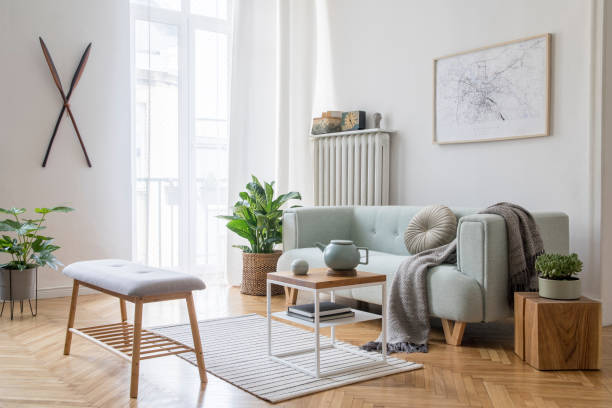 stylish scandinavian living room with design mint sofa, furnitures, mock up poster map, plants and elegant personal accessories. modern home decor. bright and sunny room. template ready to use. - hotel room hotel bedroom picture frame imagens e fotografias de stock