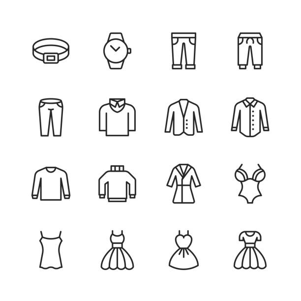 ilustraciones, imágenes clip art, dibujos animados e iconos de stock de iconos de la línea de ropa y moda. trazo editable. píxel perfecto. para móviles y web. contiene iconos tales como ropa, moda, chaqueta, pantalones, vaqueros, vestido, ropa interior, reloj, cinturón, cuello de tortuga. - shirt clothing dress elegance