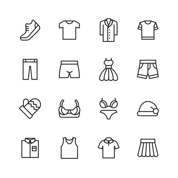 Clothing and Fashion Line Icons. Editable Stroke. Pixel Perfect. For Mobile and Web. Contains such icons as Clothes, Fashion, Jacket, T-Shirt, Coat, Shoe, Underwear, Bra, Skirt, Shirt, Dress. 16 Clothing and Fashion Outline Icons. t shirt shirt clothing garment stock illustrations