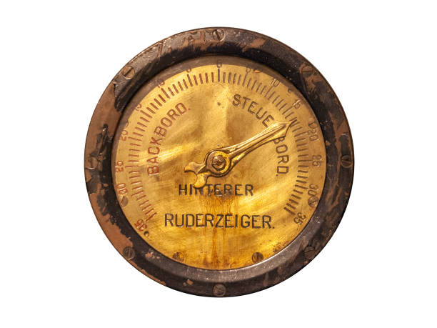 Closeup of a vintage steampunk steam vessel control device. The inscriptions in German are ruderzeiger, hinterer, backbord, steuerbord, - rudder indicator, rear, rear, rear starboard. Isolated on a white background.