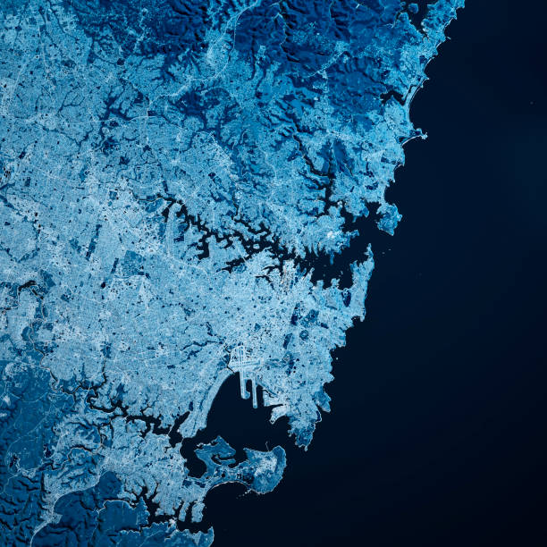 시드니 오스트레일리아 3d 렌더 맵 블루 탑 뷰 7월 2019 - 시드니 뉴사우스웨일스 뉴스 사진 이미지