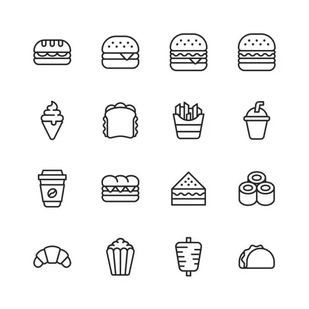 Vector illustration of Fast Food Line Icons. Editable Stroke. Pixel Perfect. For Mobile and Web. Contains such icons as Fast Food, Eating, Restaurant, Hamburger, Sandwich, Ice Cream, Fries, Soda, Sushi, Popcorn.