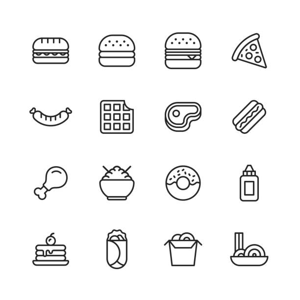 ilustrações de stock, clip art, desenhos animados e ícones de fast food line icons. editable stroke. pixel perfect. for mobile and web. contains such icons as fast food, eating, restaurant, drink, donut, hamburger, pizza, waffle, hot dog, spaghetti. - food and drink steak meat food