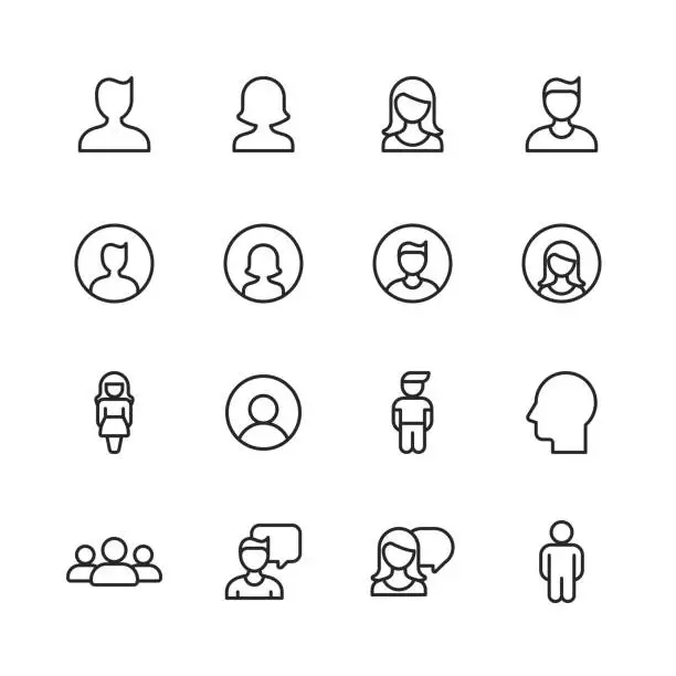 Vector illustration of Profile and User Line Icons. Editable Stroke. Pixel Perfect. For Mobile and Web. Contains such icons as Profile, User, Social Media, Member, Communication, Avatar, Customer Support, Human.