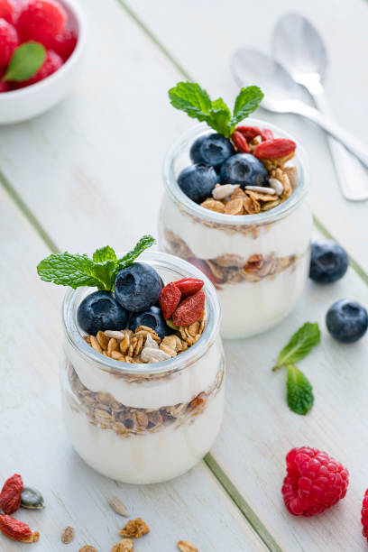 istock Healthy food: homemade yogurt with granola on breakfast table. 1190168754