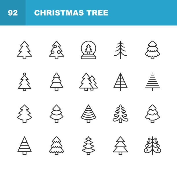 рождественская елка линия иконы. редактируемый ход. пиксель совершенный. для мобильных устройств и интернета. содержит такие иконы, как елк - christmas tree stock illustrations