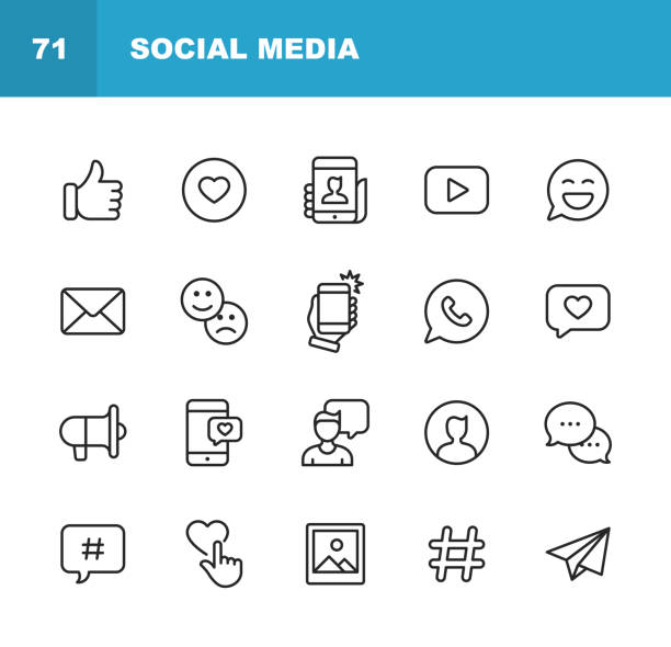 social media line icons. bearbeitbarer strich. pixel perfekt. für mobile und web. enthält symbole wie like button, thumb up, selfie, fotografie, lautsprecher, werbung, online-messaging, hashtag, benutzer. - selfie stock-grafiken, -clipart, -cartoons und -symbole