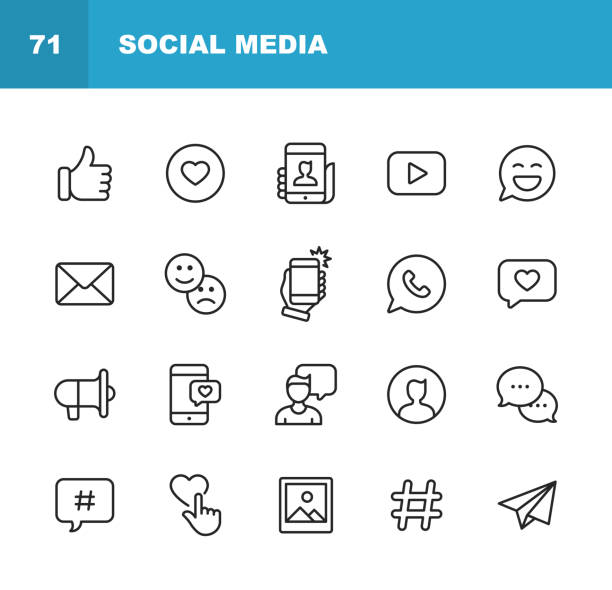 иконки линии социальных медиа. редактируемый ход. пиксель совершенный. для мобильных устройств и интернета. содержит такие значки, как like but - social media communication global communications symbol stock illustrations