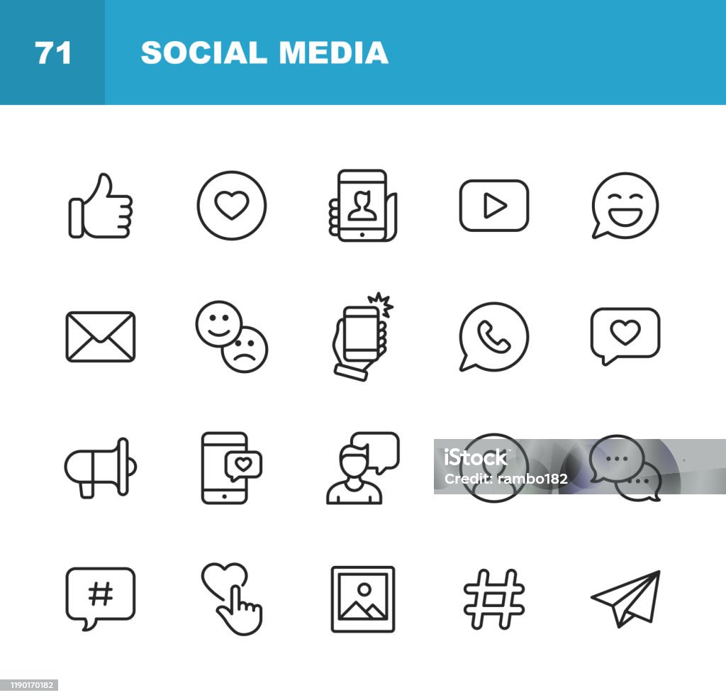 Social Media Line Icons. Editable Stroke. Pixel Perfect. For Mobile and Web. Contains such icons as Like Button, Thumb Up, Selfie, Photography, Speaker, Advertising, Online Messaging, Hashtag, User. 20 Social Media Outline Icons. Social Media Icon stock vector