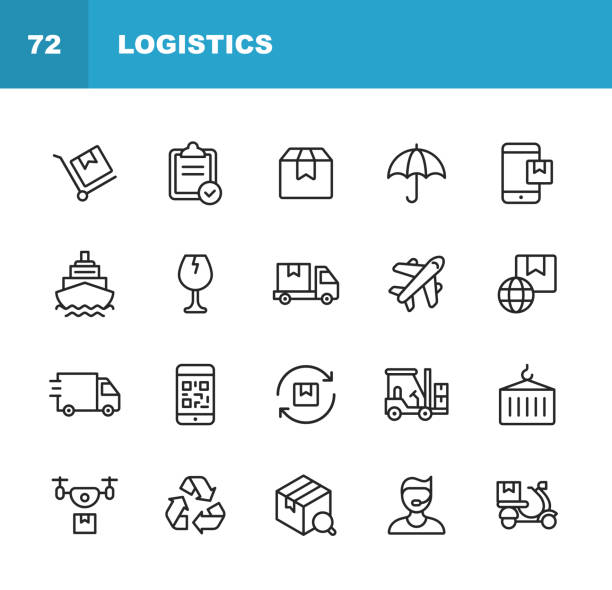ロジスティクスと配送ラインのアイコン。編集可能なストローク。ピクセルパーフェクト。モバイルおよび web 用。出荷、配達、ボックス、保険、船舶、飛行機、トラック、バーコード、リ� - bar code点のイラスト素材／クリップアート素材／マンガ素材／アイコン素材