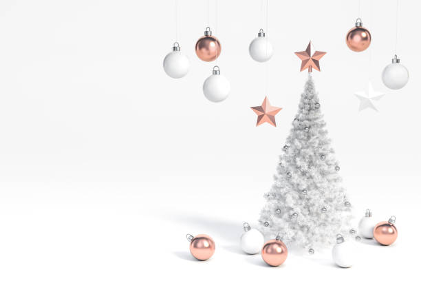istock White christmas tree and metallic decoration object group with space on white background 3d rendering. 1190170270