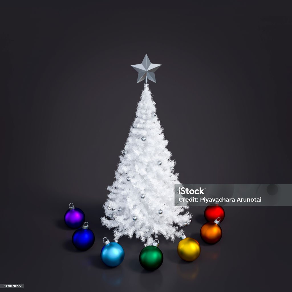 White Christmas Tree And Metallic Rainbow Color Of Christmas Ball Ornaments  Put On Black Background 3D Rendering Stock Photo - Download Image Now -  Istock
