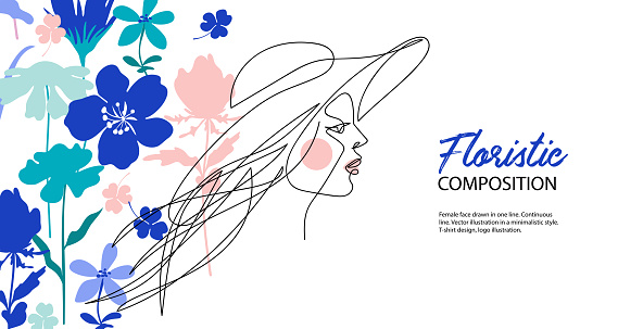 Profile of a girl in a hat. Woman with long hair. Silhouettes of flowers. Horizontal banner. Female face drawn in one line. Template for magazines, posters, flyers. Minimalistic graphics. Continuous line.