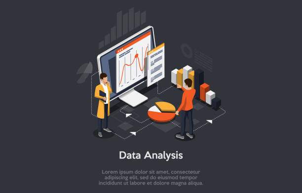 ilustraciones, imágenes clip art, dibujos animados e iconos de stock de equipo de expertos isométricos para análisis de datos, estadística de negocios, gestión, consultoría, marketing. concepto de plantilla de página de destino. ilustración vectorial. - planning organization leadership budget