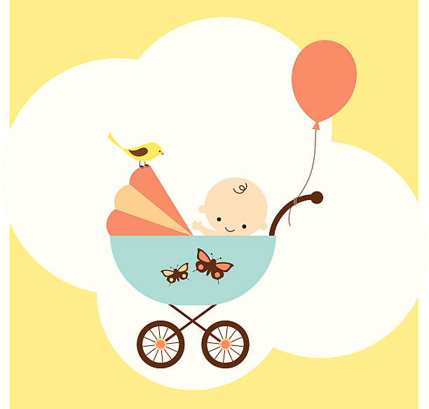 Icon of baby boy in stroller with balloon Vector illustration of a happy baby boy in stroller. baby carriage stock illustrations