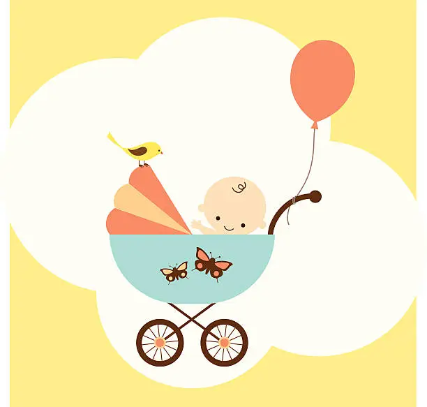 Vector illustration of Icon of baby boy in stroller with balloon