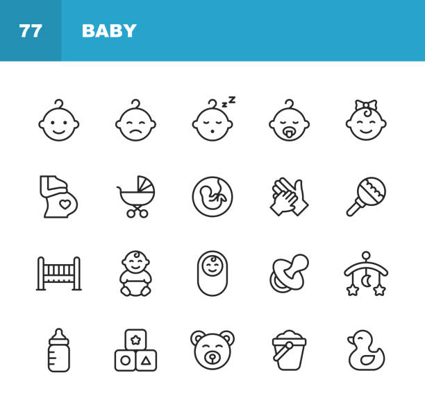 stockillustraties, clipart, cartoons en iconen met baby lijn iconen. bewerkbare lijn. pixel perfect. voor mobiel en internet. bevat dergelijke iconen zoals baby, kinderwagen, zwangerschap, melk, bevalling, speen, ouderschap, eend speelgoed, bed. - jongen peuter eten