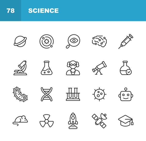 wissenschaft linie icons. bearbeitbarer strich. pixel perfekt. für mobile und web. enthält symboleweise planet, astronomie, maschinelles lernen, künstliche intelligenz, chemie, biologie, medizin, bildung, wissenschaftler, kernenergie, roboter, flasche. - glaskolben stock-grafiken, -clipart, -cartoons und -symbole