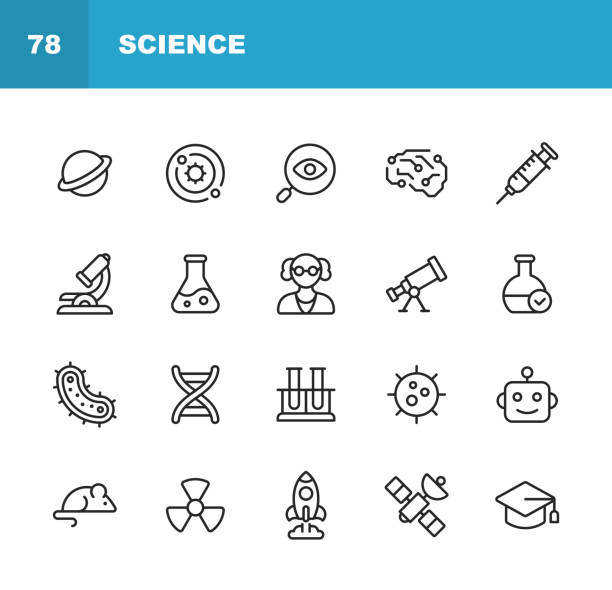 Science Line Icons. Editable Stroke. Pixel Perfect. For Mobile and Web. Contains such icons as Planet, Astronomy, Machine Learning, Artificial Intelligence, Chemistry, Biology, Medicine, Education, Scientist, Nuclear Energy, Robot, Flask. 16 Science Outline Icons. biochemistry stock illustrations
