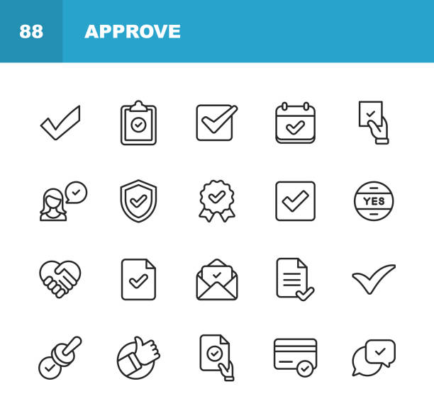 アイコンを承認します。編集可能なストローク。ピクセルパーフェクト。モバイルおよび web 用。承認、契約、品質管理、証明書、チェックマーク、達成、保証などのアイコンが含まれてい� - approved点のイラスト素材／クリップアート素材／マンガ素材／アイコン素材