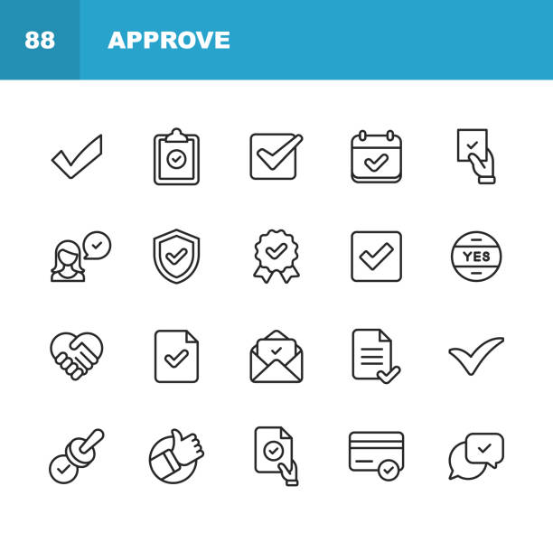 Approve Icons. Editable Stroke. Pixel Perfect. For Mobile and Web. Contains such icons as Approve, Agreement, Quality Control, Certificate, Check Mark, Achievement, Guarantee. 20 Approve Outline Icons. label symbols stock illustrations