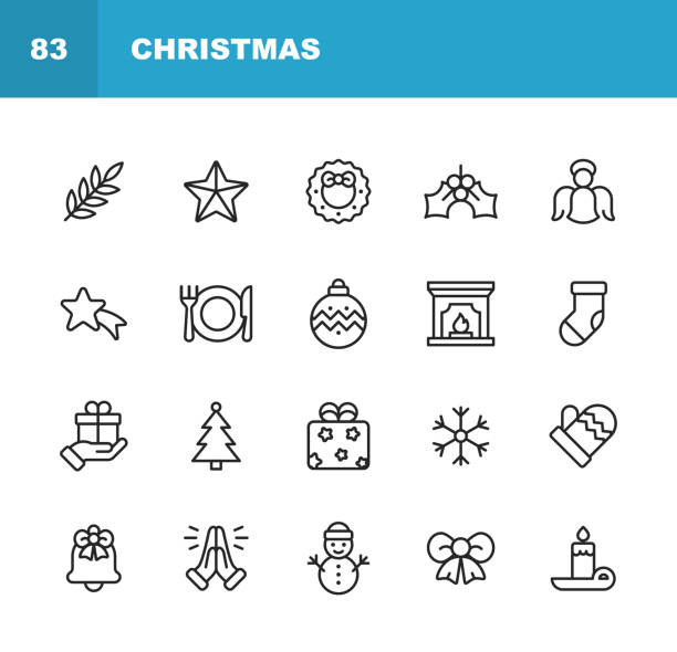 ilustrações de stock, clip art, desenhos animados e ícones de christmas icons. editable stroke. pixel perfect. for mobile and web. contains such icons as christmas, christmas decoration, santa claus, christmas gift, snowflake, winter, christmas hat, religion, church, celebration, snowman, glove, gift, praying. - christmas holiday vacations candy cane