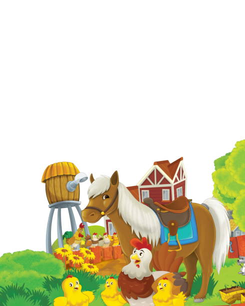 istock Cartoon farm scene with animal chicken bird having fun on white background with space for text 1190173974