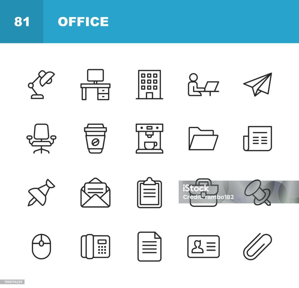 Office-ikoner. Redigerbar stroke. Pixel perfekt. För mobil och webb. Innehåller sådana ikoner som skrivbord, kontor, stol, kaffe, dokument, datormus, Urklipp, ljus, Messaging, kommunikation, e-post, visitkort. - Royaltyfri Ikon vektorgrafik