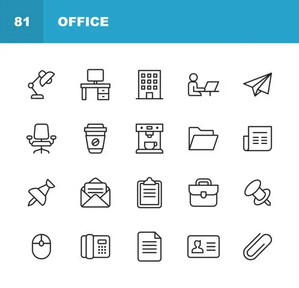 Vector illustration of Office Icons. Editable Stroke. Pixel Perfect. For Mobile and Web. Contains such icons as Office Desk, Office, Chair, Coffee, Document, Computer Mouse, Clipboard, Light, Messaging, Communication, Email, Business Card.