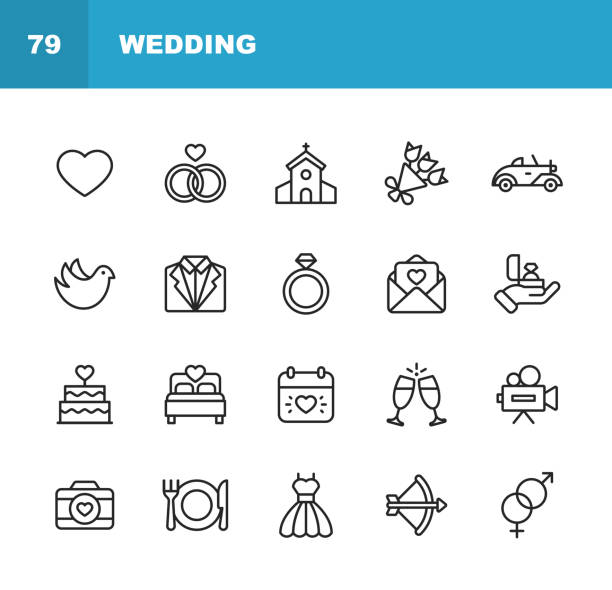 ilustrações de stock, clip art, desenhos animados e ícones de wedding icons. editable stroke. pixel perfect. for mobile and web. contains such icons as wedding, heart, love, dove, tuxedo, wedding dress, champagne, engagement ring, camera, photography, church. - wedding