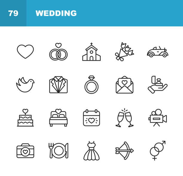 Wedding Icons. Editable Stroke. Pixel Perfect. For Mobile and Web. Contains such icons as Wedding, Heart, Love, Dove, Tuxedo, Wedding Dress, Champagne, Engagement Ring, Camera, Photography, Church. 20 Wedding Outline Icons. honeymoon stock illustrations