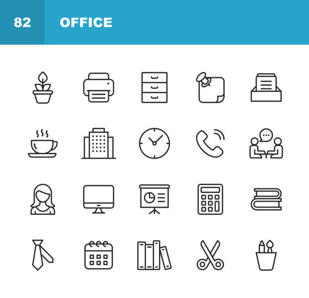 ilustraciones, imágenes clip art, dibujos animados e iconos de stock de iconos de office. trazo editable. píxel perfecto. para móviles y web. contiene iconos tales como office, plant, printer, office tools, conversation, meeting, coffee, chart, scissors, necktie, secretary. - no color