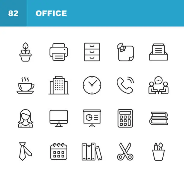 Vector illustration of Office Icons. Editable Stroke. Pixel Perfect. For Mobile and Web. Contains such icons as Office, Plant, Printer, Office Tools, Conversation, Meeting, Coffee, Chart, Scissors, Necktie, Secretary.