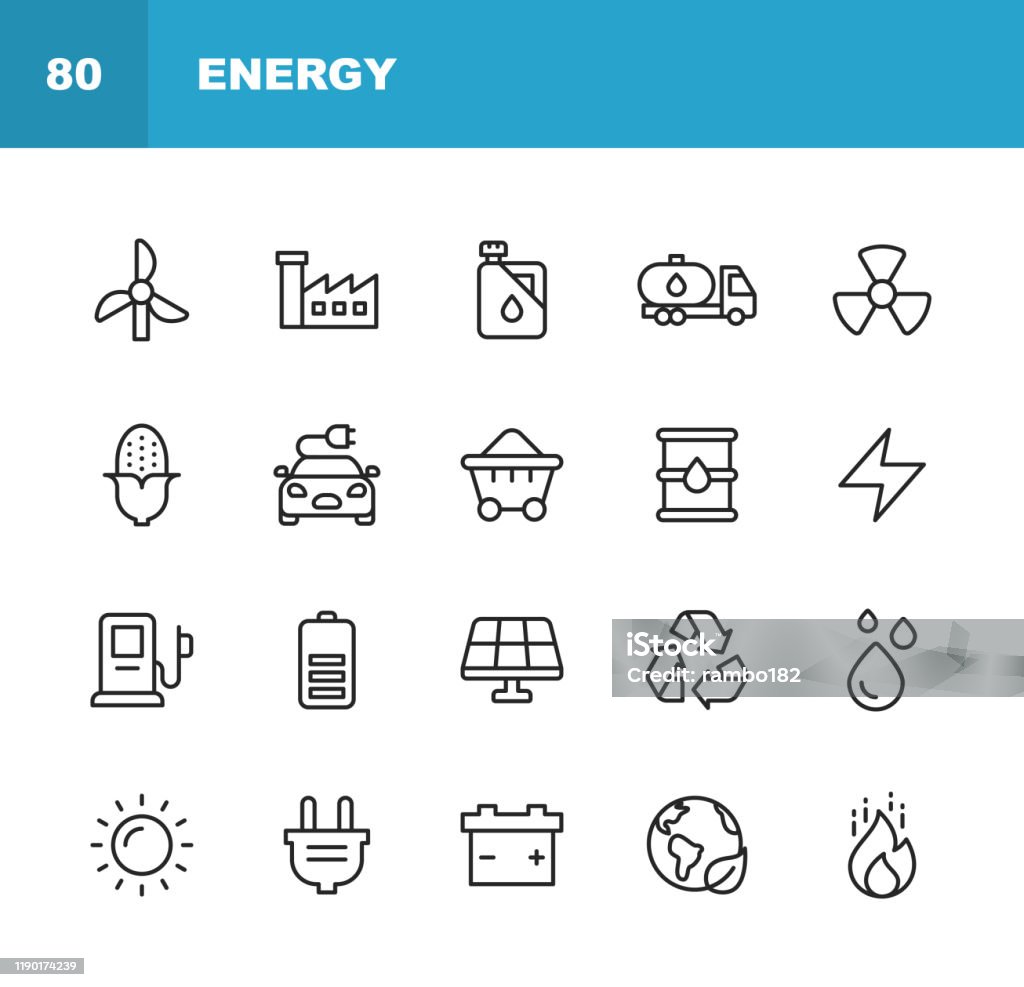 Icone di energia e potenza. Tratto modificabile. Pixel Perfetto. Per dispositivi mobili e Web. Contiene icone come Energia, Energia, Energia Rinnovabile, Elettricità, Auto Elettrica, Carbone, Gas, Energia Nucleare, Batteria, Fabbrica, Sole, Energia Solare - arte vettoriale royalty-free di Icona